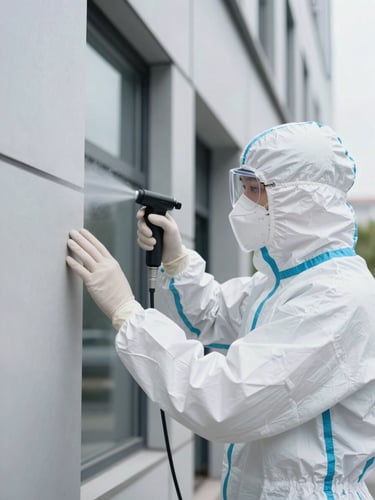 Professional technician in a clean white protective uniform applying precise micro-spraying treatment to a modern building exterior, daylight, clinical framing