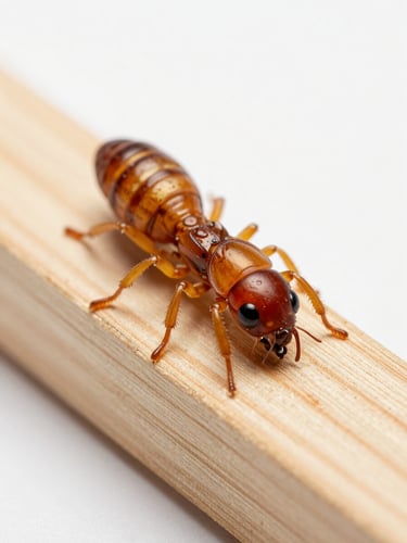 Macro close-up of drywood termite damage on a clean piece of structural pine wood, sterile clinical white background, bright daylight-balanced lighting, high-resolution scientific detail.