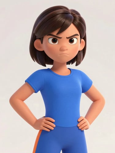 Medium portrait shot of a hand-drawn animated character — a young girl with a determined expression, eyebrows slightly furrowed, one hand on hip. Saturated flat-color clothing in deep blue and orange. Clean pale background, even lighting. Expression study quality, strong silhouette.