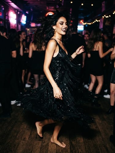 Model in a black high-impact evening dress, captured mid-motion in a dimly lit urban club with neon lights in the background, sharp flash photography, high-contrast, 35mm film grain, editorial fashion, low angle.