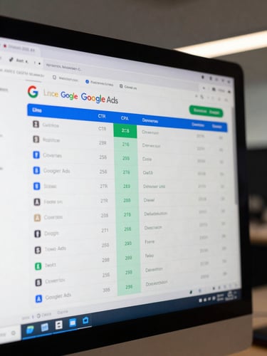 Wide landscape capture of a live Google Ads campaign dashboard filling the screen, showing a stock market financial services campaign with readable CTR, CPA, and conversion columns highlighted in blue and green, clean white interface under cool office ambient light, no people, no blur, desktop monitor framing tight to the right edge of the frame