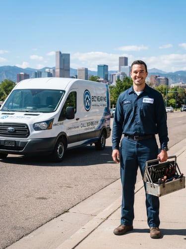 A certified Biz Near Me technician, wearing a clean uniform, is smiling confidently while holding a toolkit, standing beside a branded service van on a sunny Denver street. The technician is in the right third of a portrait frame, with the van and Denver skyline in the background. Crisp commercial photography, bright natural daylight, sharp focus.