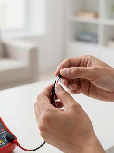 A close-up, medium shot of a technician's hands expertly connecting electrical wires, with a voltmeter visible. The background is a clean, well-lit home interior. Crisp commercial photography, bright natural daylight, sharp focus.