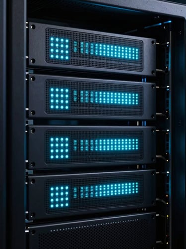 Sleek dark-mode technology photography, high-contrast close-up of server racks with glowing cyan LEDs, sharp focus, 35mm