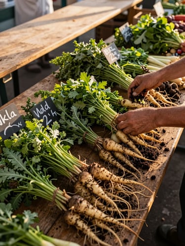 Wide portrait frame, right-bleed: overhead view of a market stall at golden-hour morning light — a vendor's hands arranging bundles of fresh herbs and root vegetables on a worn wooden table, loose soil still on the roots, scattered price tags handwritten in chalk, the edge of the market canopy casting a long warm shadow across the produce