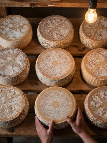Close-up overhead flatlay of artisan cheese rounds at different stages of affinage on a rough wooden shelf inside a cave, warm amber light from a single bulb to the upper right, a cheesemaker's hands turning one round visible at the bottom edge, natural textures of rind and stone
