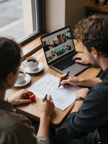 Close overhead view of two Pomodoro team members seated at a café table, one sketching a content layout on paper while the other reviews photos on a laptop, warm window light from the side, coffee cups and a small bowl of tomatoes visible in the foreground, documentary framing