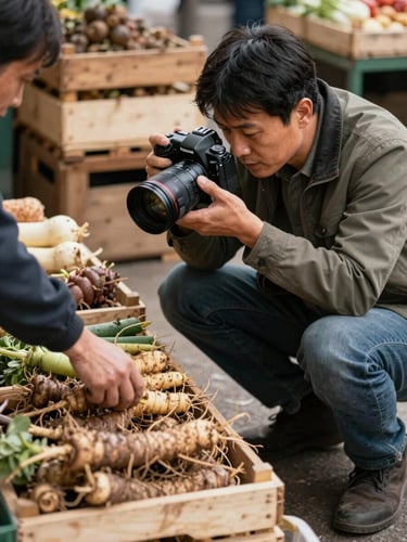 Documentary-style medium shot of a Pomodoro photographer crouching beside a market stall, shooting a vendor's hands arranging root vegetables under soft diffused morning light, wooden crates and earth tones filling the background, no studio equipment visible