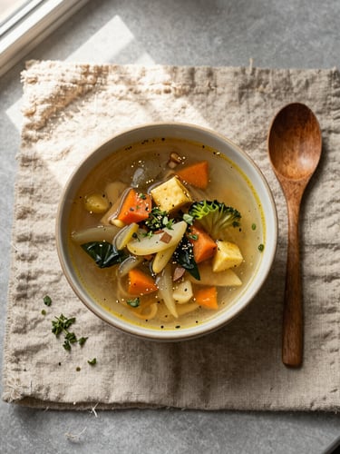 Close overhead flatlay of a ceramic bowl of seasonal vegetable soup on a rough linen placemat, a wooden spoon resting beside it, warm window light raking across the surface from the upper left, small herbs scattered nearby