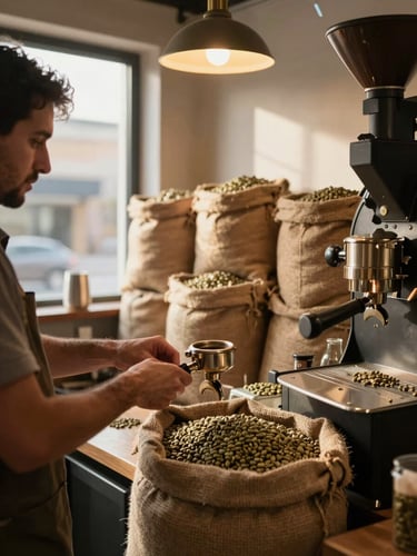 Wide environmental shot inside a small specialty coffee roastery, a barista's hands adjusting a brass portafilter under warm pendant light, burlap sacks of green coffee beans stacked in the background, golden morning light through a side window