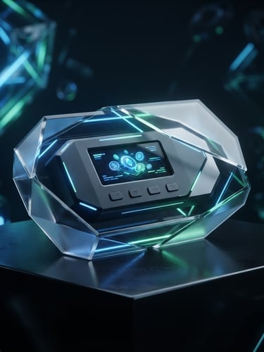 Sleek 3D render of a hardware wallet on a dark obsidian surface, glowing blue and green neon accents, clean geometric glassmorphism, cinematic lighting