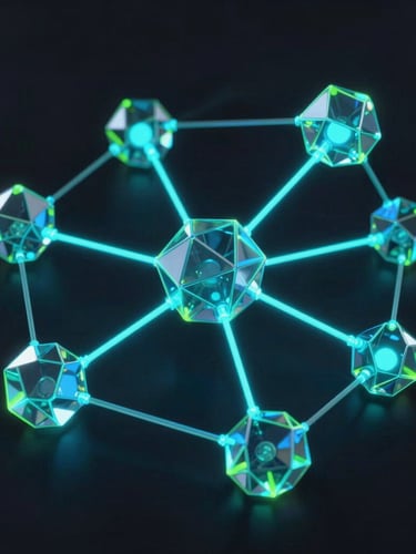 Sleek 3D render of abstract cryptographic nodes interconnected by glowing cyan data streams on a dark obsidian background, cinematic lighting