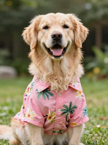 A happy fluffy golden retriever wearing a vibrant pink Hawaiian shirt in a bright sunny garden, eye-level shot, colorful, joyful pet portrait, 50mm lens