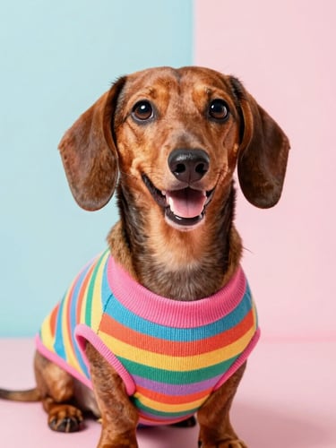 Bright editorial portrait of a cheerful Dachshund wearing a custom-fit colorful striped sweater, eye-level shot, vibrant pastel background, soft daylight