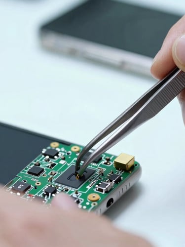 Crisp macro photography of a technician hands using precision tweezers on a phone motherboard under bright cool workbench light, shallow depth of field