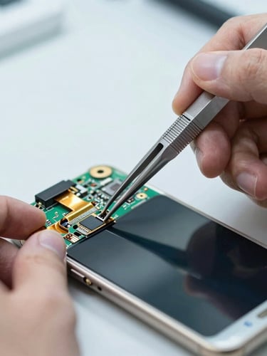 Crisp macro photograph of a technician's hands using precision tweezers to align a replacement screen ribbon cable on a smartphone motherboard, bright cool workbench lighting, shallow depth of field.
