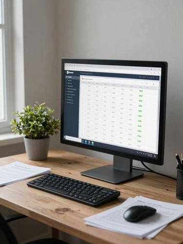 Wide shot of a home workspace corner, a monitor displaying a job listings dashboard with pay ranges visible in a grid, cool balanced daylight, a small plant and scattered papers on the desk, no person in frame