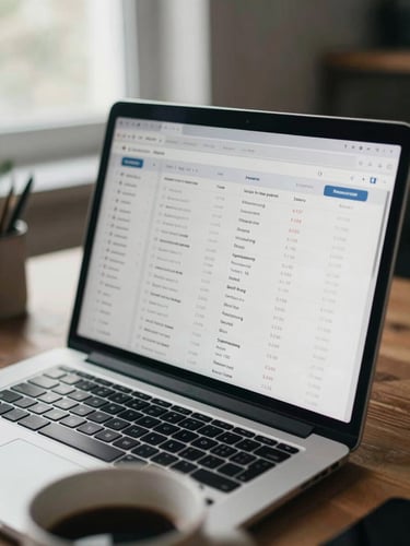 Close crop of a laptop screen displaying a work listings dashboard with earning ranges visible in a column, cool north-facing daylight from a nearby window, a coffee mug partially in frame at the bottom edge, realistic home desk clutter