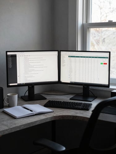 Close wide-angle view of a home corner desk from the left side — two monitors showing work listings and an earnings dashboard, a notebook open beside a coffee mug, cool north-facing window light casting even illumination, no person visible, lived-in and specific