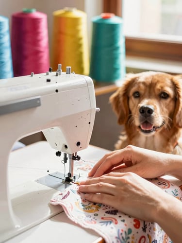 Warm sunlit sewing workshop in Celaya, colorful fabric rolls, sewing machine with teal thread, hands gently guiding a soft patterned fabric, cozy atmosphere