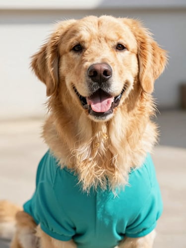 A joyful Golden Retriever wearing a vibrant teal pet shirt, looking at the camera with a happy expression, bright warm daylight, eye-level portrait