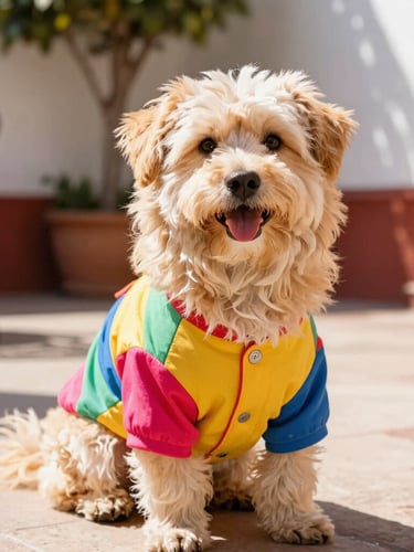 Eye-level warm portrait of a happy fluffy dog wearing a colorful custom-tailored shirt, sitting in a bright sunlit patio in Celaya, natural daylight, vibrant saturated colors, shallow depth of field