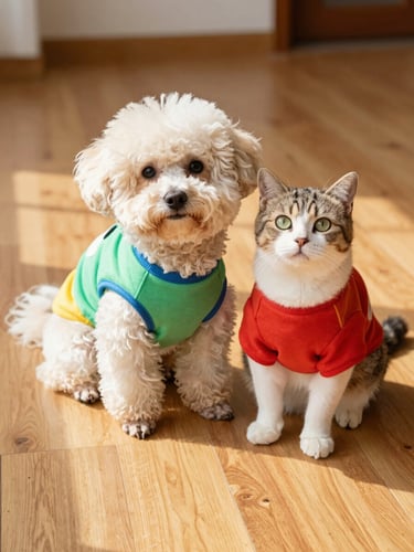 A cute fluffy dog and a curious cat sitting together on a warm wooden floor, wearing colorful handmade matching shirts, bright natural daylight, 50mm lens