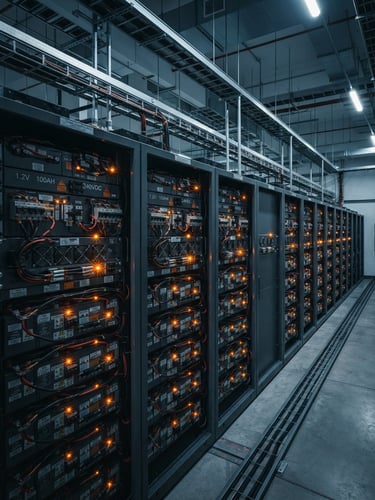 Wide panoramic industrial UPS battery racks, high-contrast cool blue-gray ambient light, sharp orange indicator lights, macro technical details, clean composition, 50mm, bleeding to the right edge
