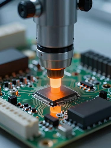 industrial photography, high-contrast cool ambient light, sharp orange highlights, macro technical details of an electrical circuit board under thermal inspection, clean composition, 50mm