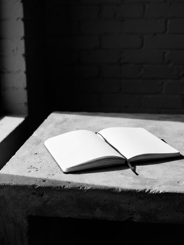 High contrast editorial black and white photography, a minimalist workspace with a single notebook on a concrete desk, dramatic natural window light, 35mm film.