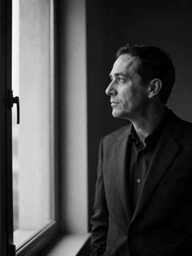 Candid black-and-white portrait of a focused strategist looking out a window, dramatic low-key lighting, deep shadows, minimalist composition, 35mm film.