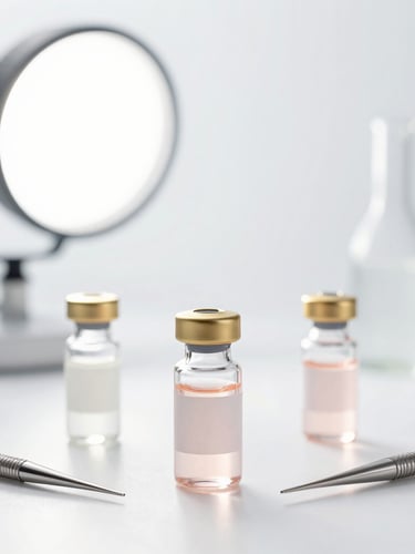 Pristine clinical aesthetics setup with professional gold-accented vials and sterile equipment under bright high-key studio light