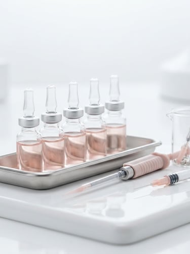 Bright high-key clinical photography, close-up of pristine clinical equipment and elegant product vials in soft blush and sterile white tones, crisp studio light.