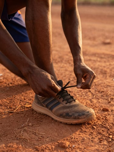 A young athlete tying his running shoes on a dusty red dirt track, warm golden-hour lighting, close-up shot focusing on hands and worn shoes, 35mm lens.