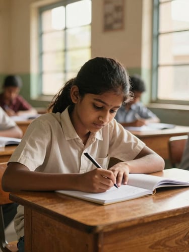 A focused South Indian student writing in a notebook at a wooden desk in a bright, airy classroom. Natural golden sunlight streaming through a window, warm editorial documentary style.