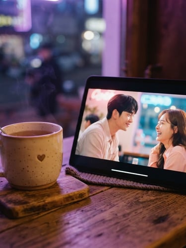 Close-up of a warm cozy mug next to a tablet showing a romantic K-drama scene, soft twilight neon lighting, shallow depth of field, 35mm