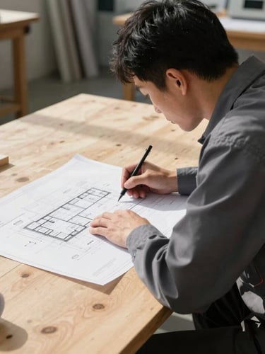 An estimator in a clean dark-grey work shirt reviewing architectural blueprints on a physical timber workbench, high-contrast crisp shadows, bright daylight