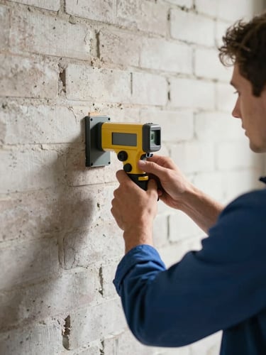 Medium-close shot of a professional estimator using a digital laser measure on an exposed brick wall, bright natural daylight, high-contrast industrial tones, 35mm