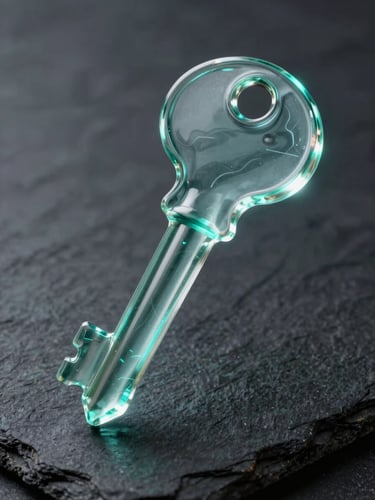 A close-up portrait aspect rendering of an abstract 3D glowing glass key floating over a dark slate background, electric teal light paths.