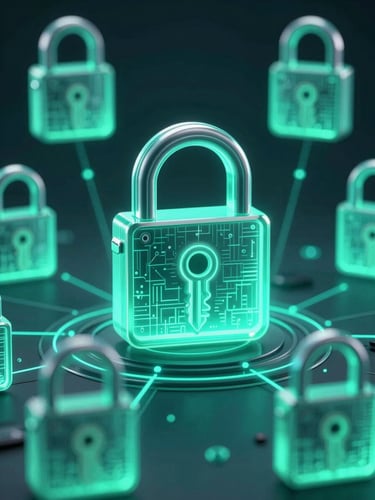 Abstract 3D geometric shapes representing secure data flow and zero-trust cryptographic keys, vibrant electric teal lighting, high-fidelity rendering, dark background.