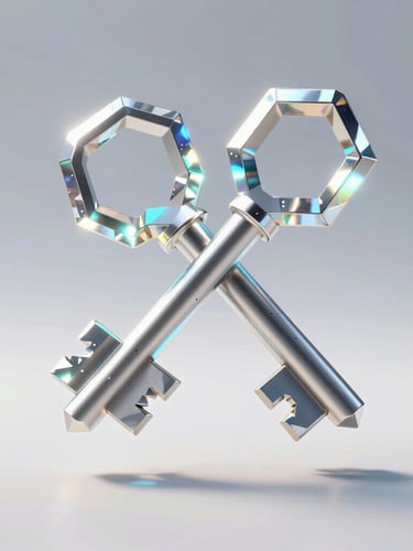 A high-fidelity 3D render of glowing, interconnected geometric shards representing cryptographic keys, floating in a clean, bright space with sharp shadows.