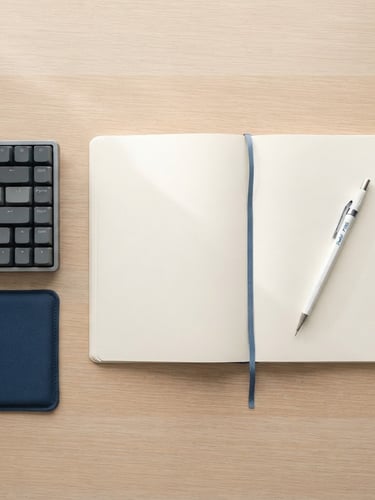 Overhead flat-lay of a clean minimalist desk setup, an open notebook with a mechanical pencil, a keyboard, bright diffused high-key natural light, soft shadows, desaturated tones with blue accent, 35mm