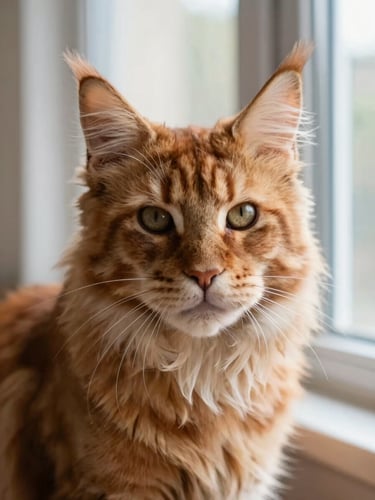 A close-up portrait of a majestic warm-toned Maine Coon cat looking directly at the camera, with prominent ear tufts and thick whiskers, soft natural window light, shallow depth of field.