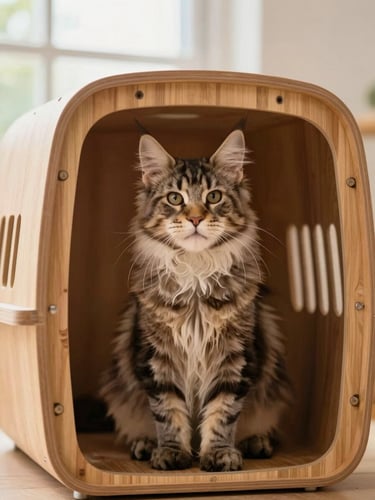 A gorgeous fluffy Maine Coon kitten sitting comfortably inside a custom warm wooden pet carrier, soft natural window light, 85mm lens