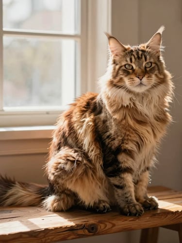 A majestic fully grown male Maine Coon cat sitting proudly on a rustic wooden bench, showing its massive size, lynx-like ear tufts, and incredibly bushy tail, warm sunlight from a side window.