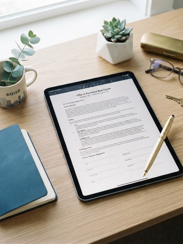 Bright editorial overhead flat-lay of a clean modern workspace in Boise, a digital tablet showing a real estate contract, a gold pen, natural daylight, 35mm