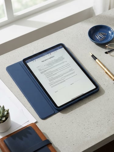 Bright editorial flat-lay of a modern organized workspace with a tablet showing a real estate contract, natural daylight, soft shadows, a gold pen resting on the side