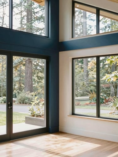 Bright editorial photography of a modern Pacific Northwest home interior, soft natural daylight streaming through large windows, clean lines, 35mm