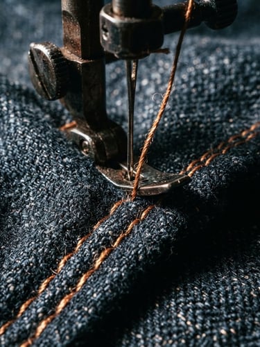 Extreme close-up macro shot of a vintage sewing machine needle piercing heavy indigo raw denim, warm copper thread, high-contrast workshop lighting, 35mm photograph