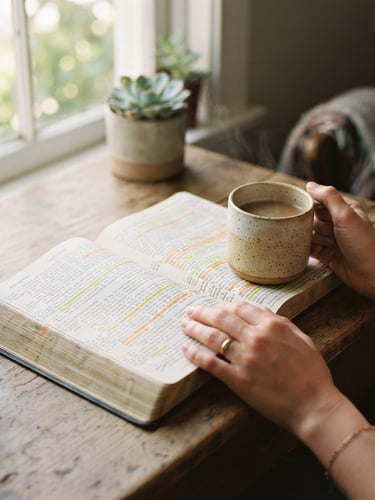 Open book with highlighted pages on a wooden desk, warm hands holding a ceramic mug, soft morning sunlight streaming from a window, shallow depth of field, 35mm